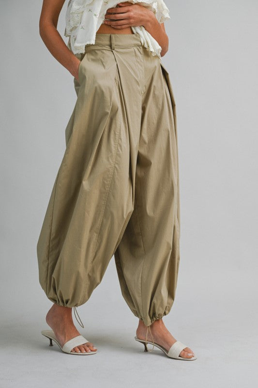 Front Pleated Drawstring Hem Wide-leg Balloon Pants