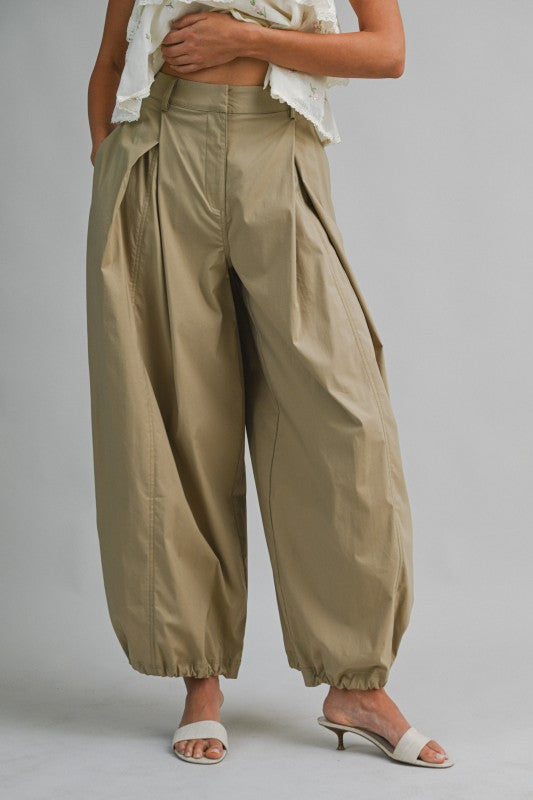 Front Pleated Drawstring Hem Wide-leg Balloon Pants
