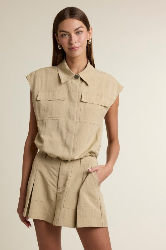Sleeveless Adjustable Drawstring Hem Top And Short Set