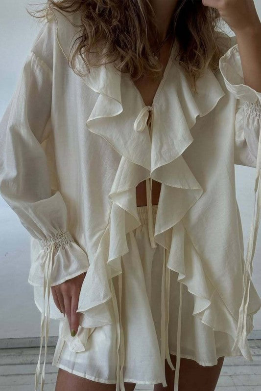 Ruffled Tie Front Blouse Drawstring Shorts Set