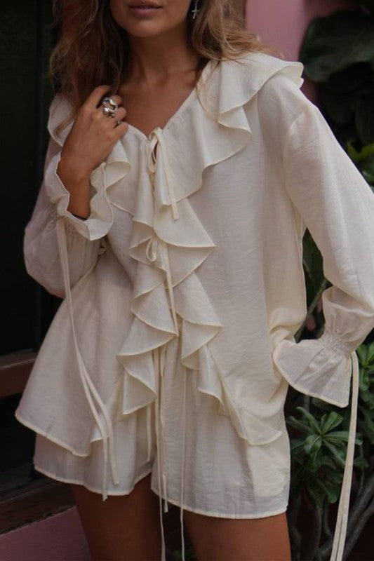 Ruffled Tie Front Blouse Drawstring Shorts Set
