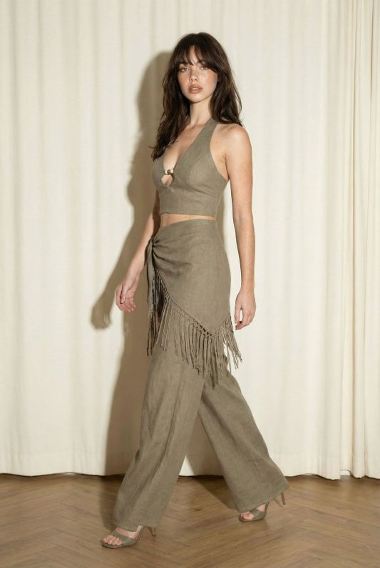 Khaki Fringe Wrap Set